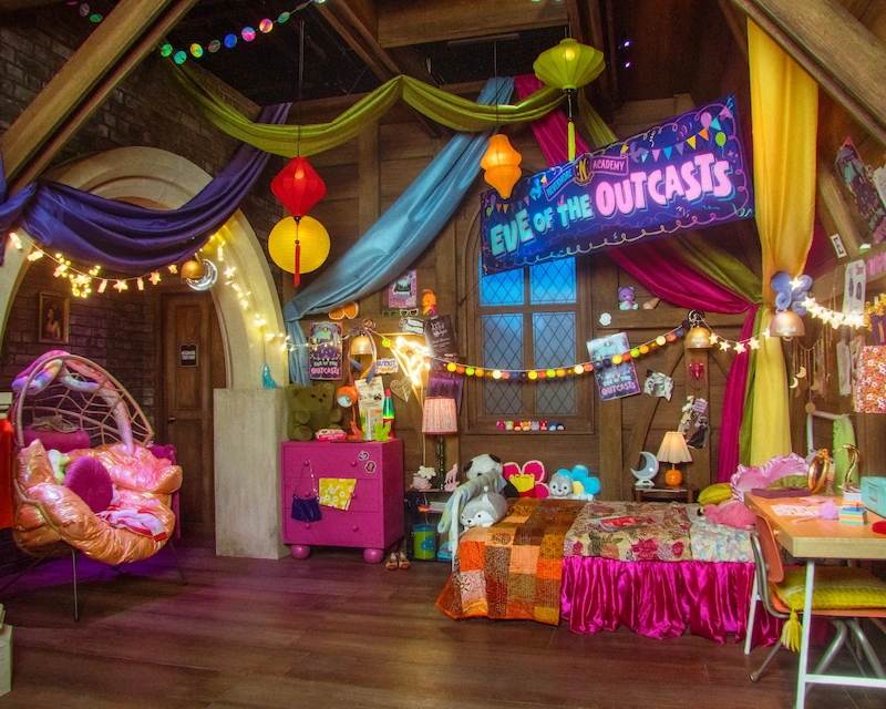 A dorm room from the Wednesday show is decorated for the Eve of the Outcasts festival