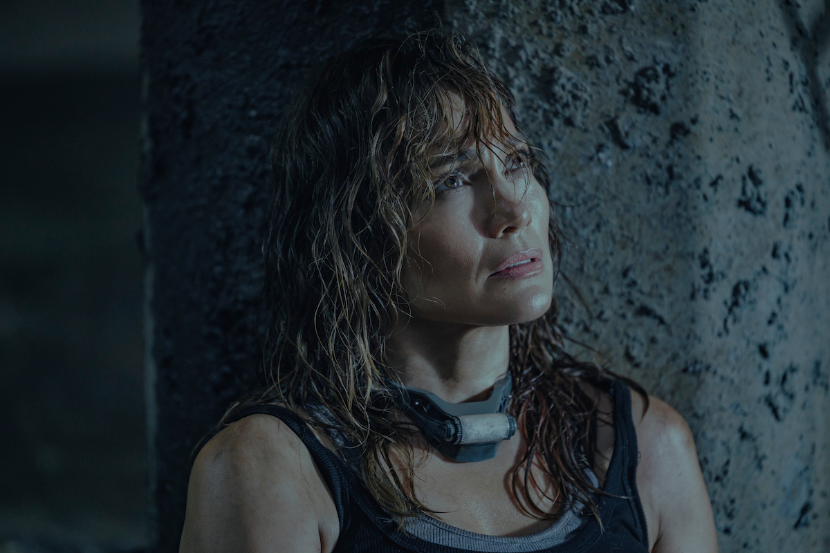Jennifer Lopez as Atlas Shepherd takes a breather in ‘Atlas.’