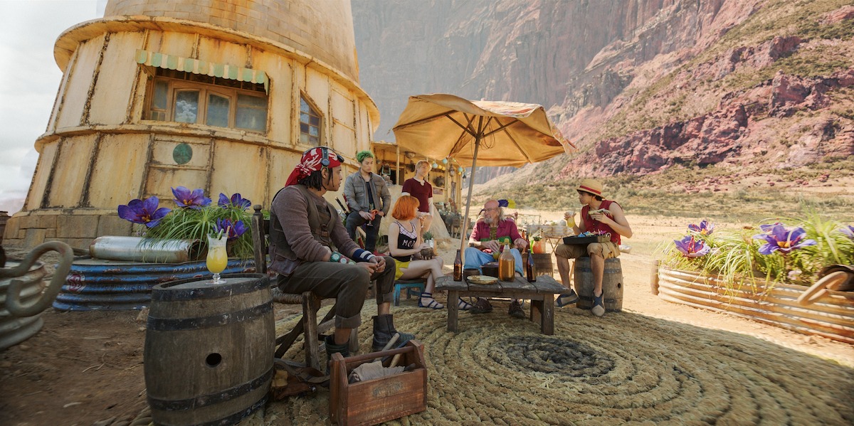 Jacob Romero as Usopp, Mackenyu as Roronoa Zoro, Emily Rudd as Nami, Taz Skylar as Sanji, Clive Russell as Crocus, and Iñaki Godoy as Monkey D. Luffy in ‘ONE PIECE’ Season 2.