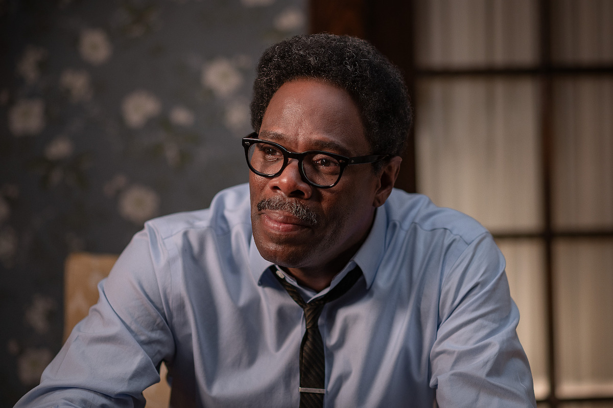 Colman Domingo as Bayard Rustin wears a blue shirt and glasses in ‘Rustin’