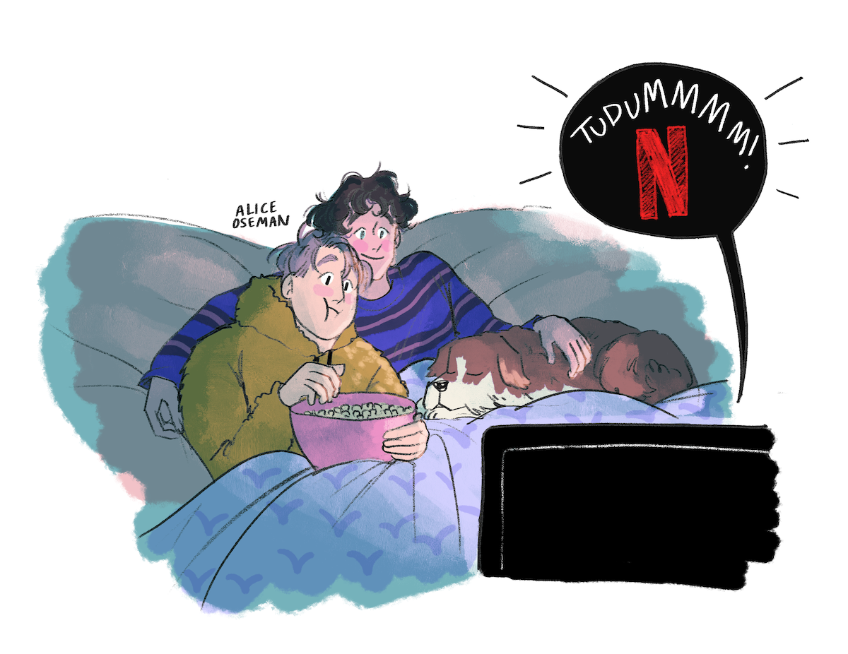 Two people and a dog cuddling under a blanket on a couch, watching Netflix with popcorn. Cozy atmosphere, illustrated style, speech bubble says "TUDUMMMM! N".