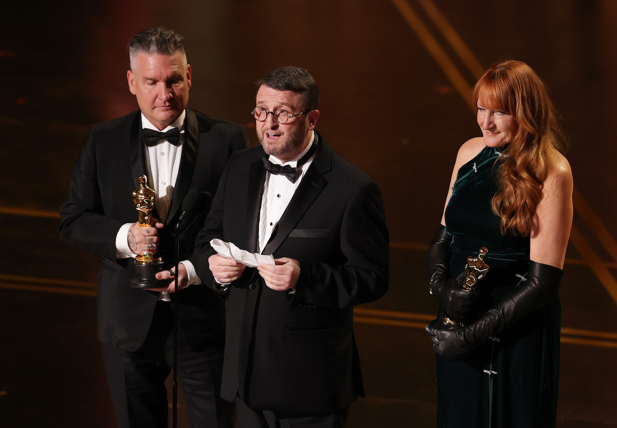 (L-R) Jordan Samuel, Mike Hill, and Cliona Furey accept the Makeup and Hairstyling award for "Frankenstein" onstage during the 98th Oscars at Dolby Theatre on March 15, 2026 in Hollywood, California.