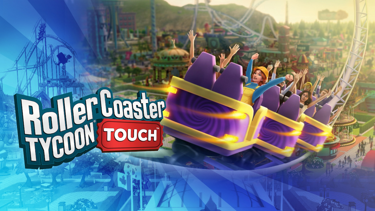 Roller Coaster Tycoon Touch key art - characters having fun in a simulated roller coaster.