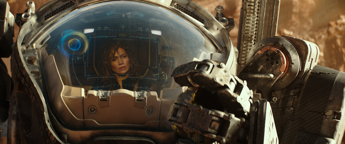 Jennifer Lopez as Atlas Shepherd is seated in an ARC mech in ‘Atlas.’