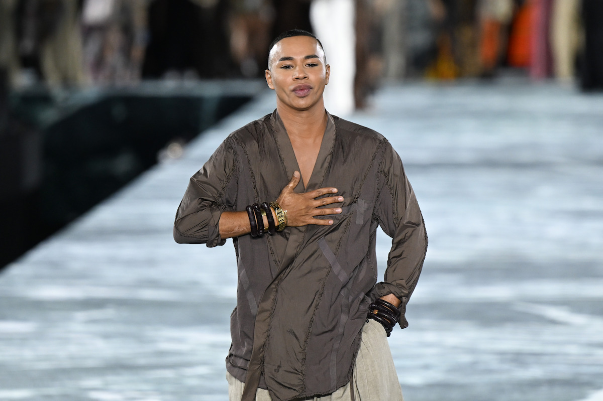Olivier Rousteing greets the crowd after his runway show. 