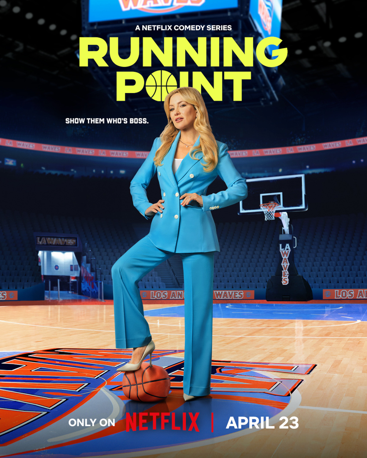 Key Art for Running Point Season 2 features Kate Hudson in a blue suit.