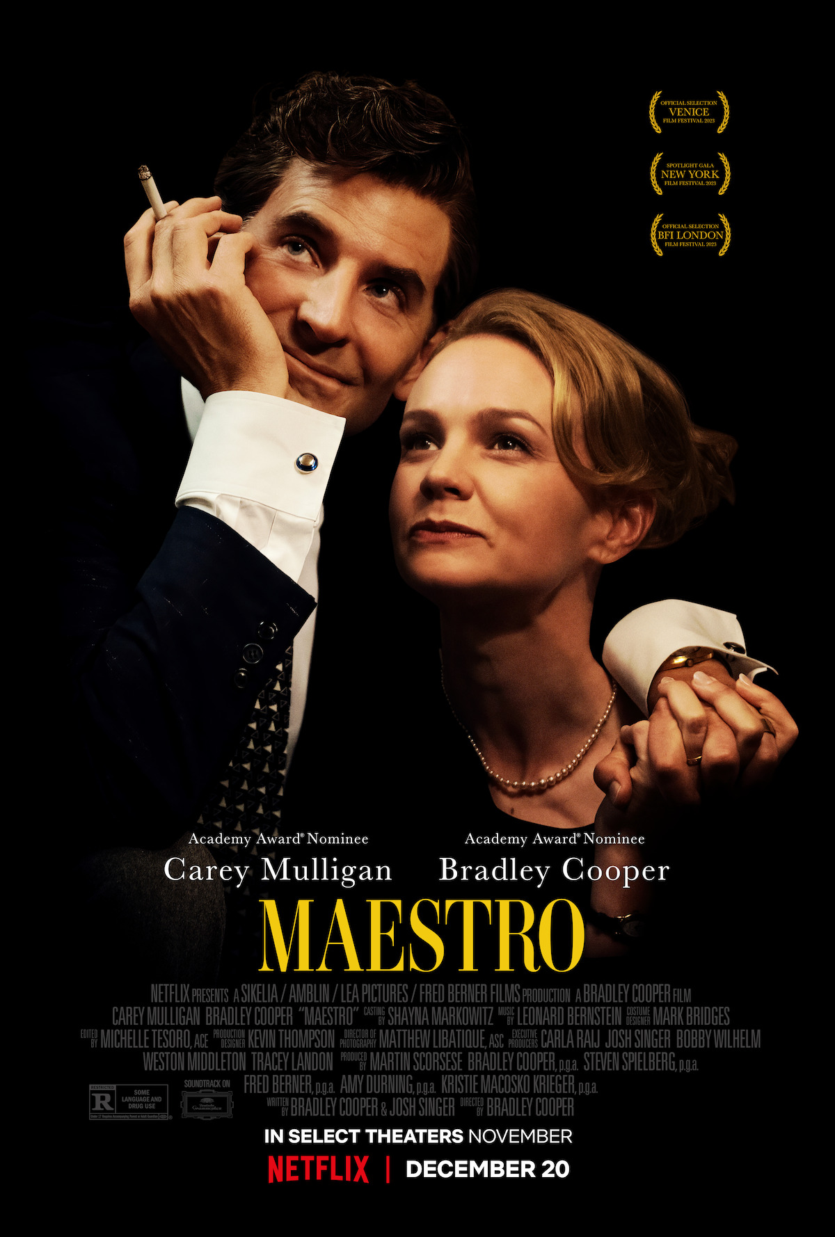 Key art for Maestro featuring Bradley Cooper and Carey Mulligan