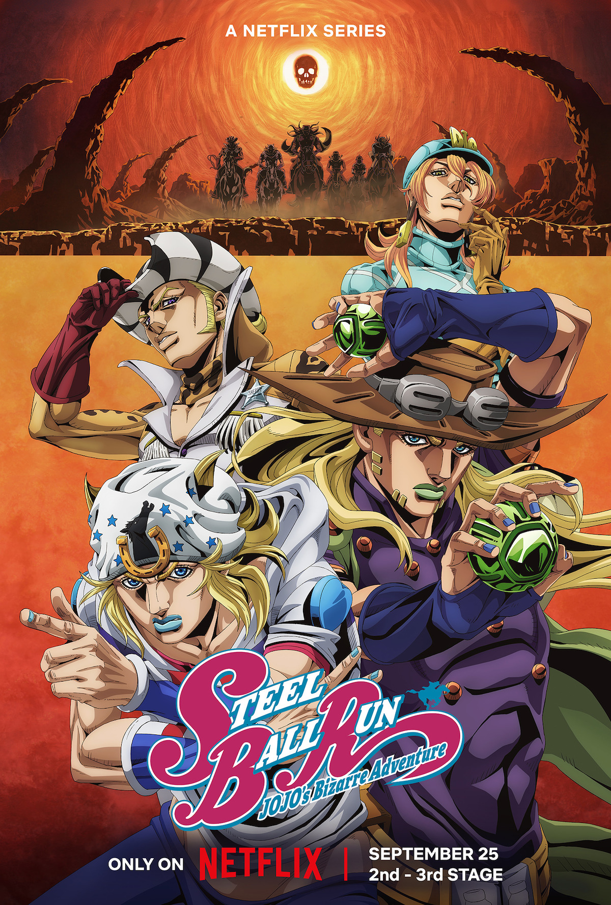 Four anime characters in Western outfits pose in the foreground with dramatic expressions; a sunset, silhouettes of horseback riders, and vivid desert scene fill the background. Text shows “Steel Ball Run” and Netflix release date.