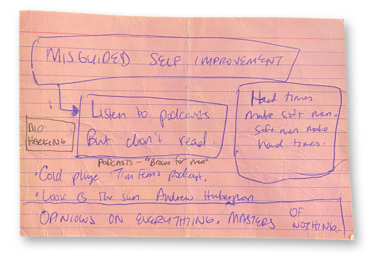 Minhaj’s “misguided self-improvement” handwritten notes on pink cards