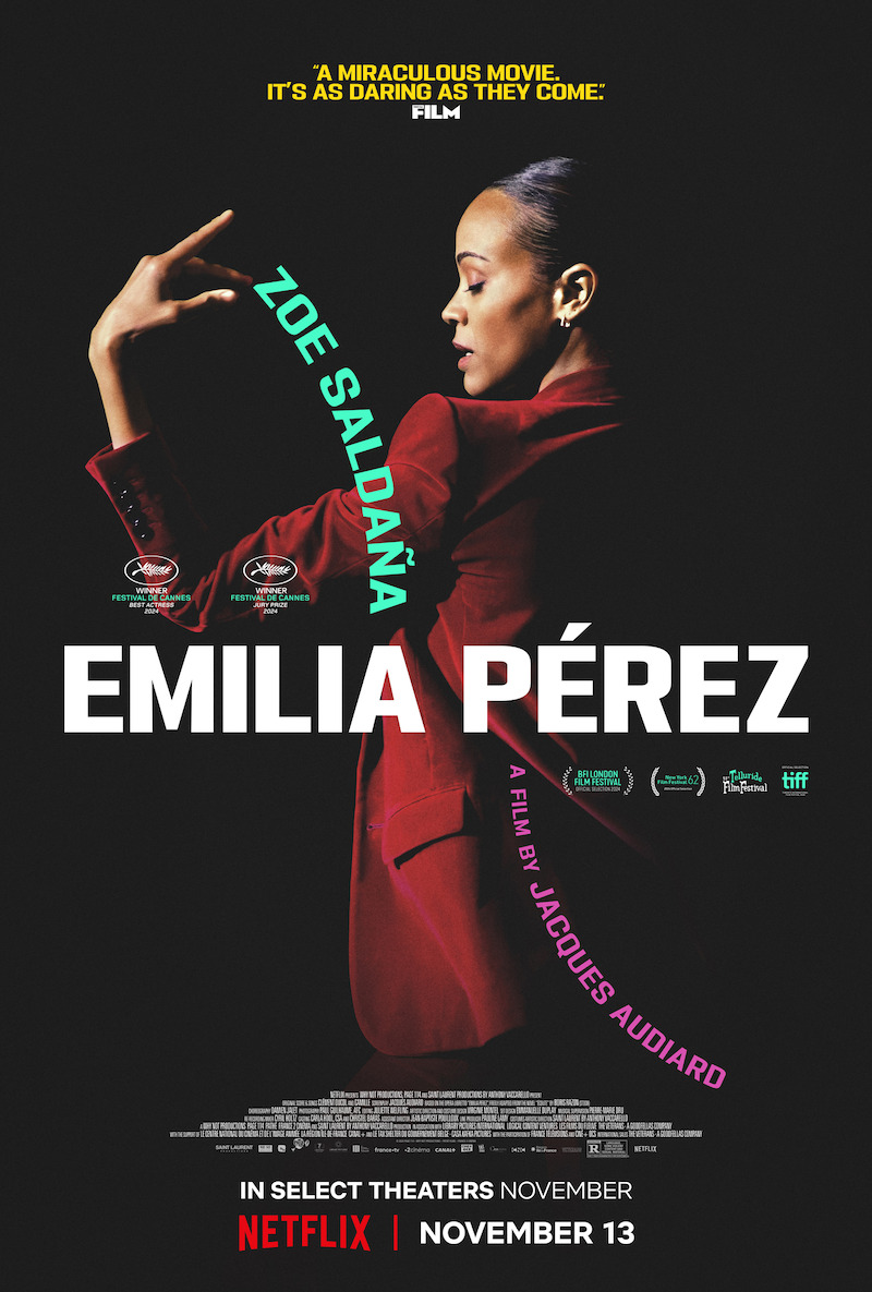 'Emilia Pérez character key art of Zoe Saldaña.