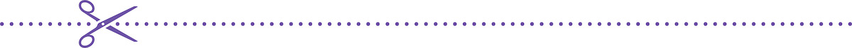 Simplistic scissors cutting through a dashed line purple color vector