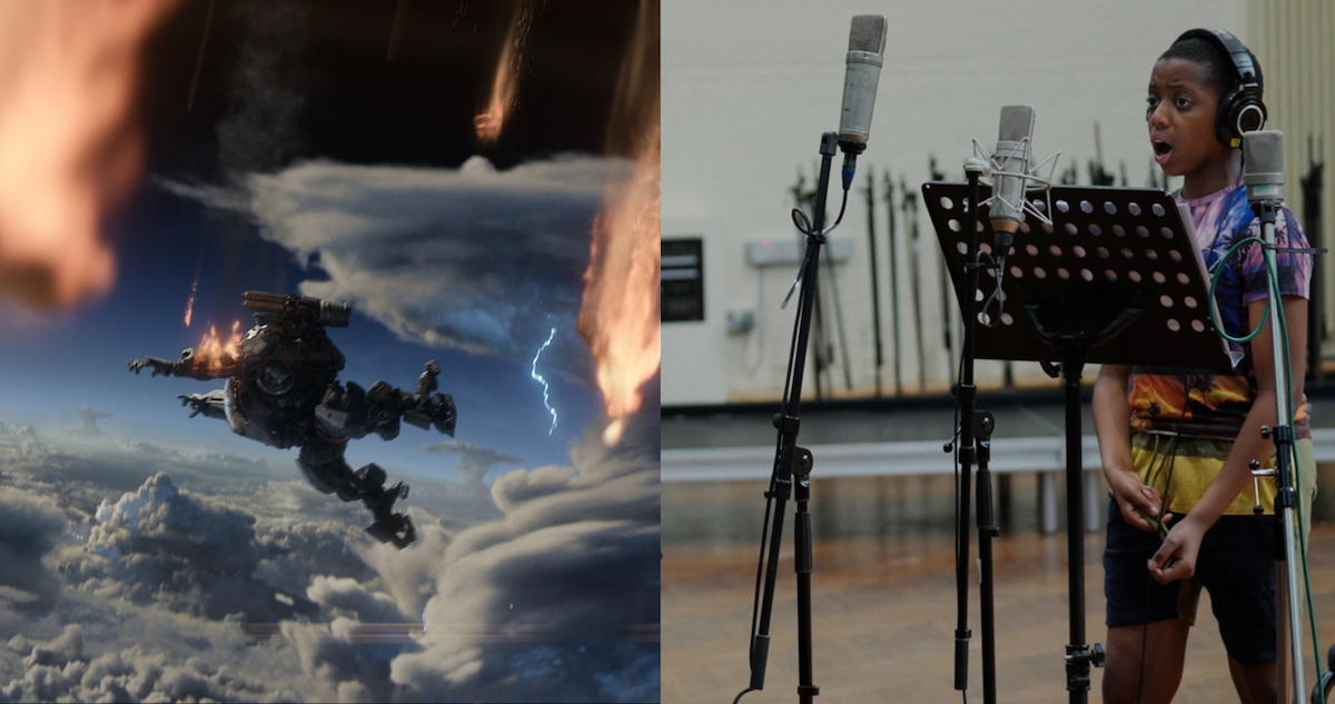 Singer Malakai during a recording session side by side with a scene from 'Atlas'