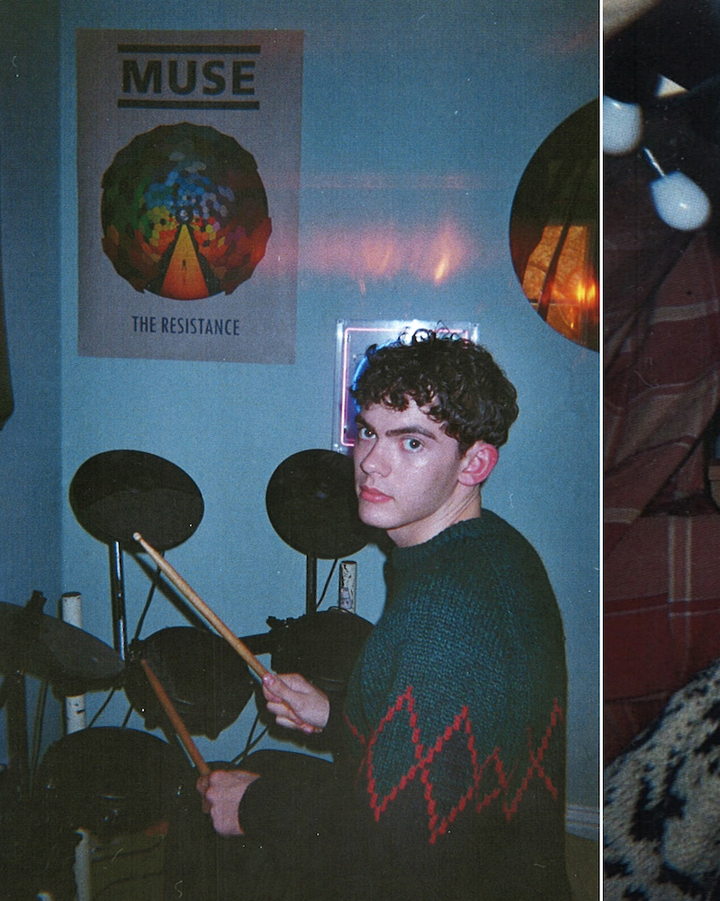 Disposable photo of Joe Locke as Charlie Spring in dorm room playing drums in Heartstopper Forever