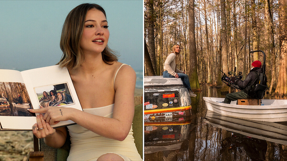 Imagem dividida. De um lado, Madelyn Cline segura um livro. Do outro, ela está no set em cima de um carro submerso, com a equipe de filmagem durante as gravações.