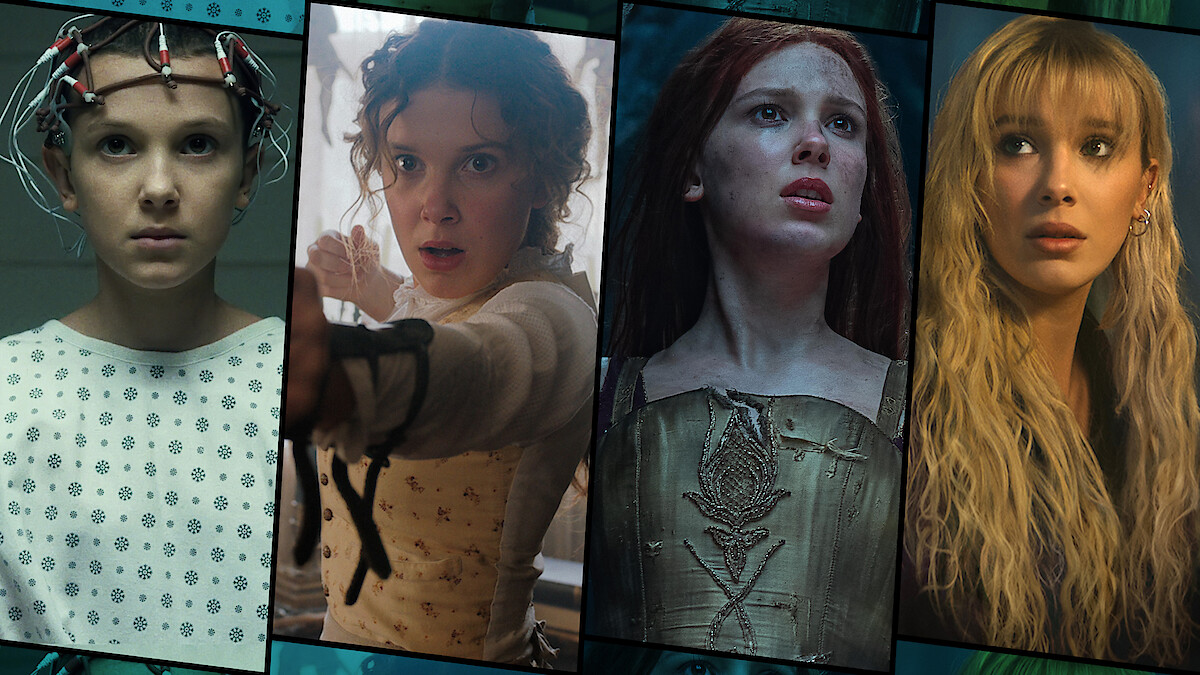 Grid of images featuring Millie Bobby Brown in 'Stranger Things,' 'Enola Holmes,' 'Damsel,' and 'The Electric State.'