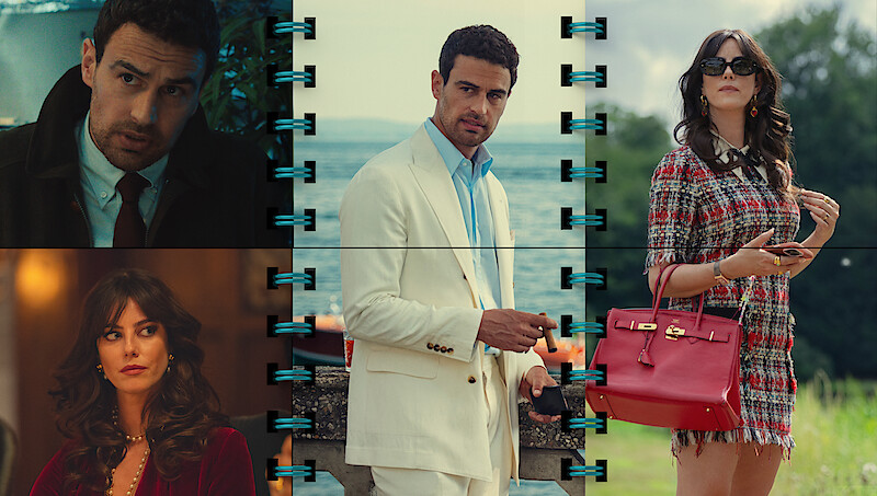 Collage featuring a serious man in a suit indoors, a stylish woman in red inside, a man outdoors in a white suit by water, and a fashionable woman in plaid with a red purse standing outside, all separated by notebook-style dividers.