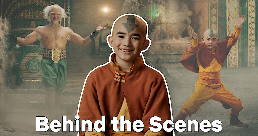 Gordon Cormier (Aang) in front of a backdrop with King Bumi (Utkarsh Ambudkar) and Aang mid-battle.