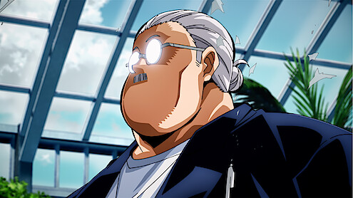 Older animated man with glasses and gray hair in a ponytail stands indoors under a glass ceiling with plants and natural light in the background, wearing a dark jacket and looking confident.