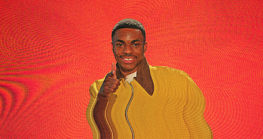Vince Staples smiles with a screen distortion over the image
