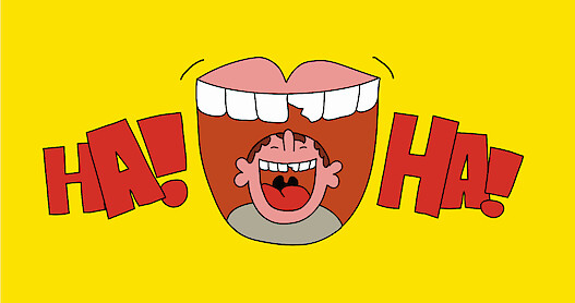 Mouth wide open with a boy inside of it laughing, the words HA! HA! to the left and right