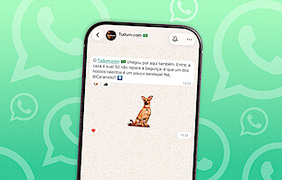 Montagem mostra um celular em primeiro plano e, na tela, uma imagem do grupo de Whatsapp do Tudum Brasil