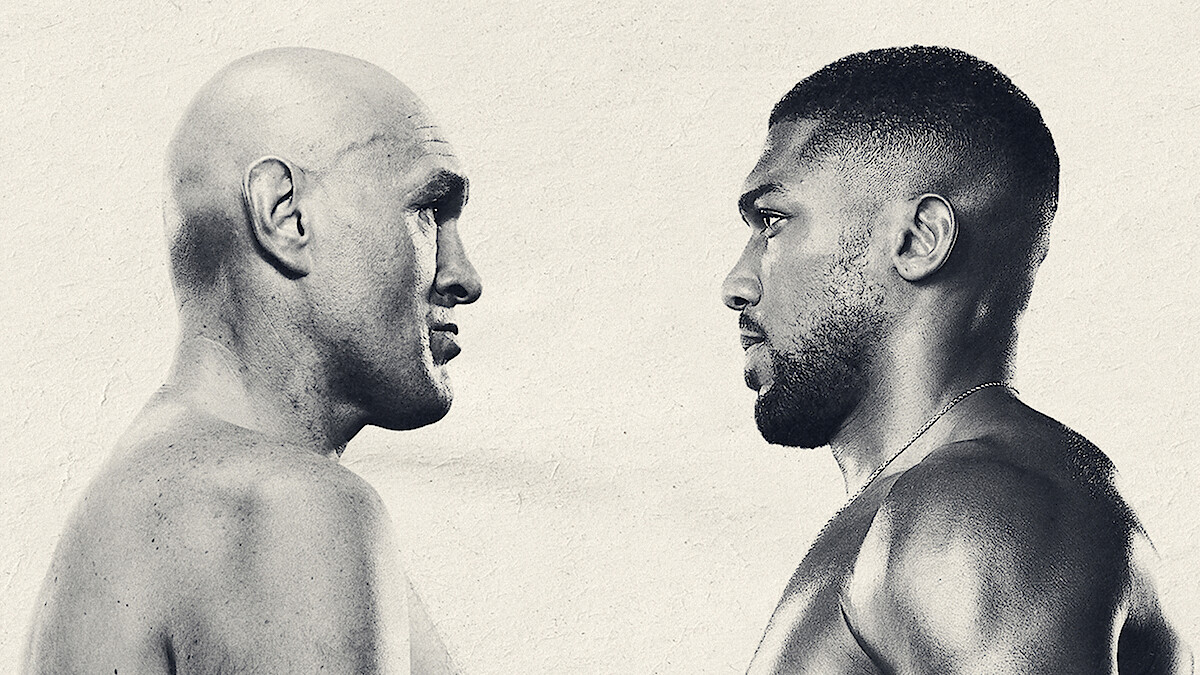 Two muscular male boxers facing each other, close-up, shirtless, intense expressions, neutral background, monochrome style, suggesting a tense pre-fight stare down or promotional photo.