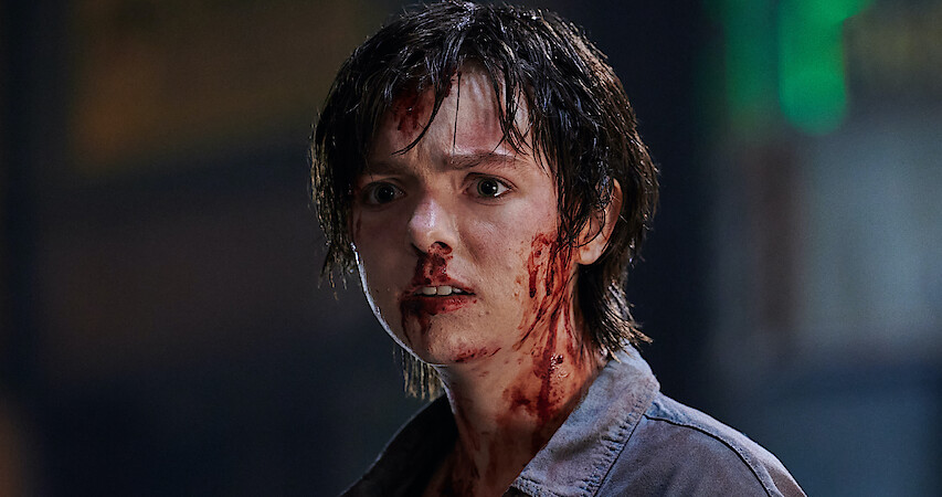 A close up of a blood covered and tired Elsie