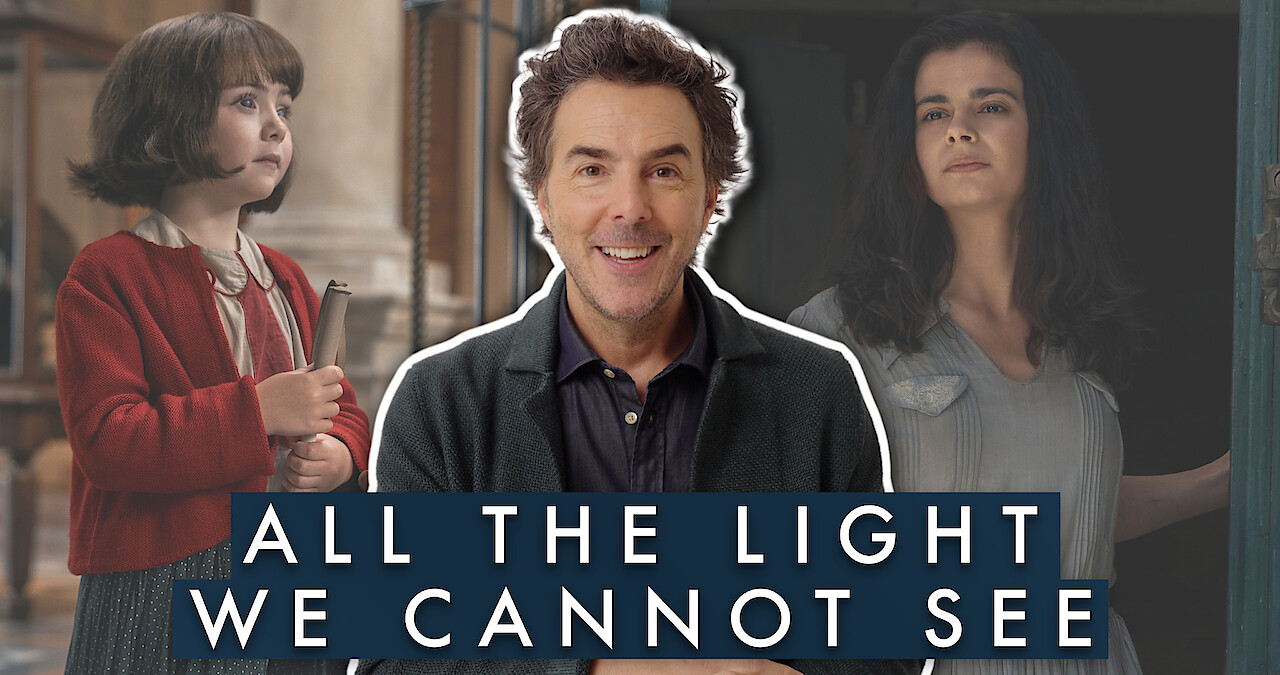 Headshot of director Shawn Levy is placed infront of two images of the Marie-Laure Leblanc characters from the series 'All the Light We Cannot See"