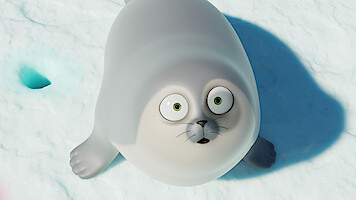 Animated baby seal with wide eyes and a surprised expression sitting on snow, viewed from above in a bright, icy environment.