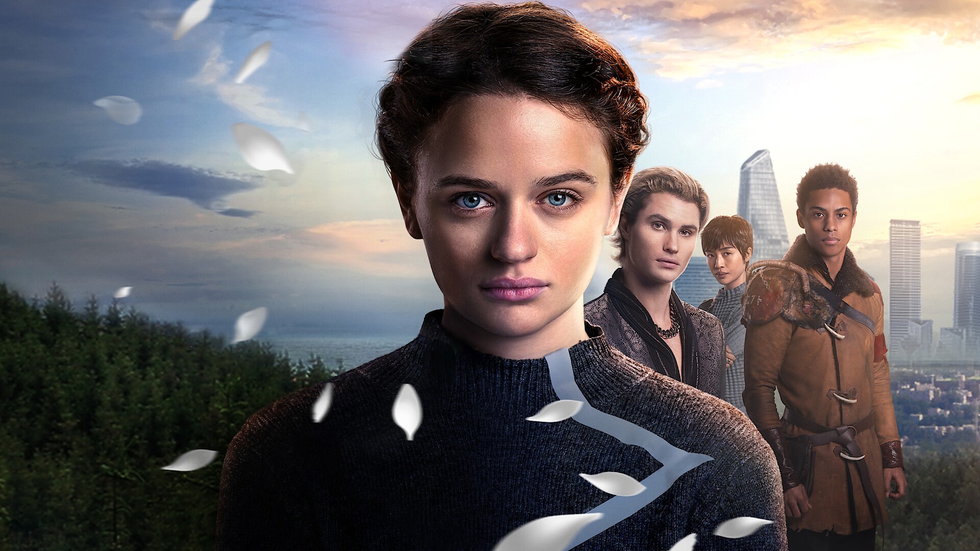 the cast looks into the camera with a city seen in the distance