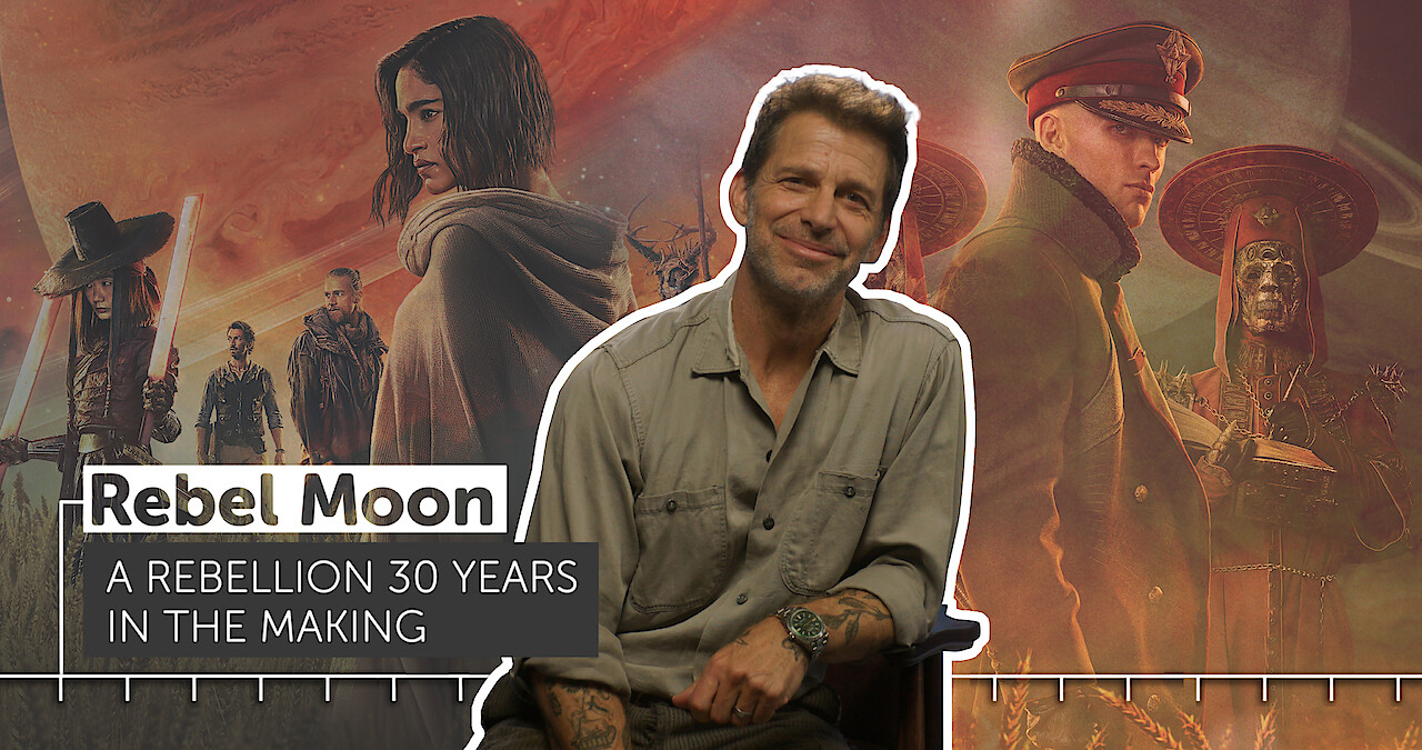 Zack Snyder sitting in a chair with a timeline graphic overlay.