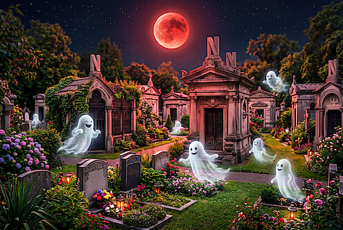 Em uma ilustração realista, uma lua vermelha ilumina um cemitério cheio de criptas e fantasmas brancos