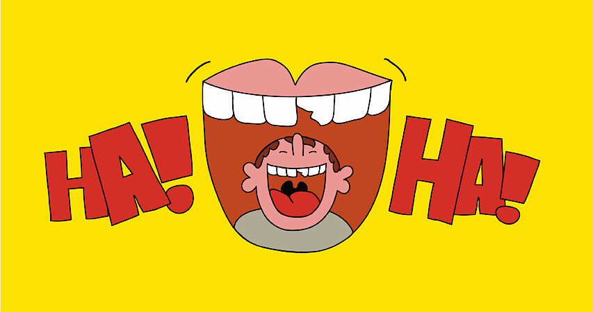 Mouth wide open with a boy inside of it laughing, the words HA! HA! to the left and right