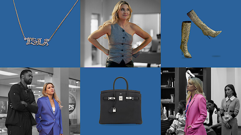 A graphic of Kate Hudson as Isla and some fashion accessories in 'Running Point' Season 1.