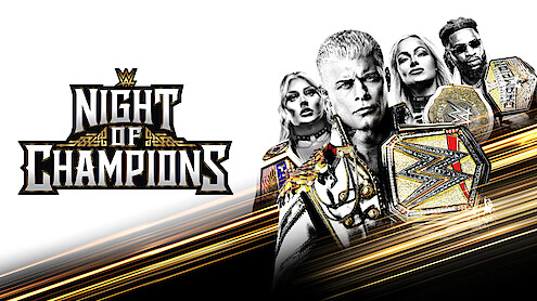 WWE Night of Champions promo featuring multiple wrestlers holding championship belts, with dynamic gold streaks and a bold event logo on a white and black background.
