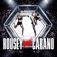 Two female MMA fighters face off in an octagon cage, surrounded by a cheering crowd, with dramatic lighting and “Rousey vs Carano” text below.