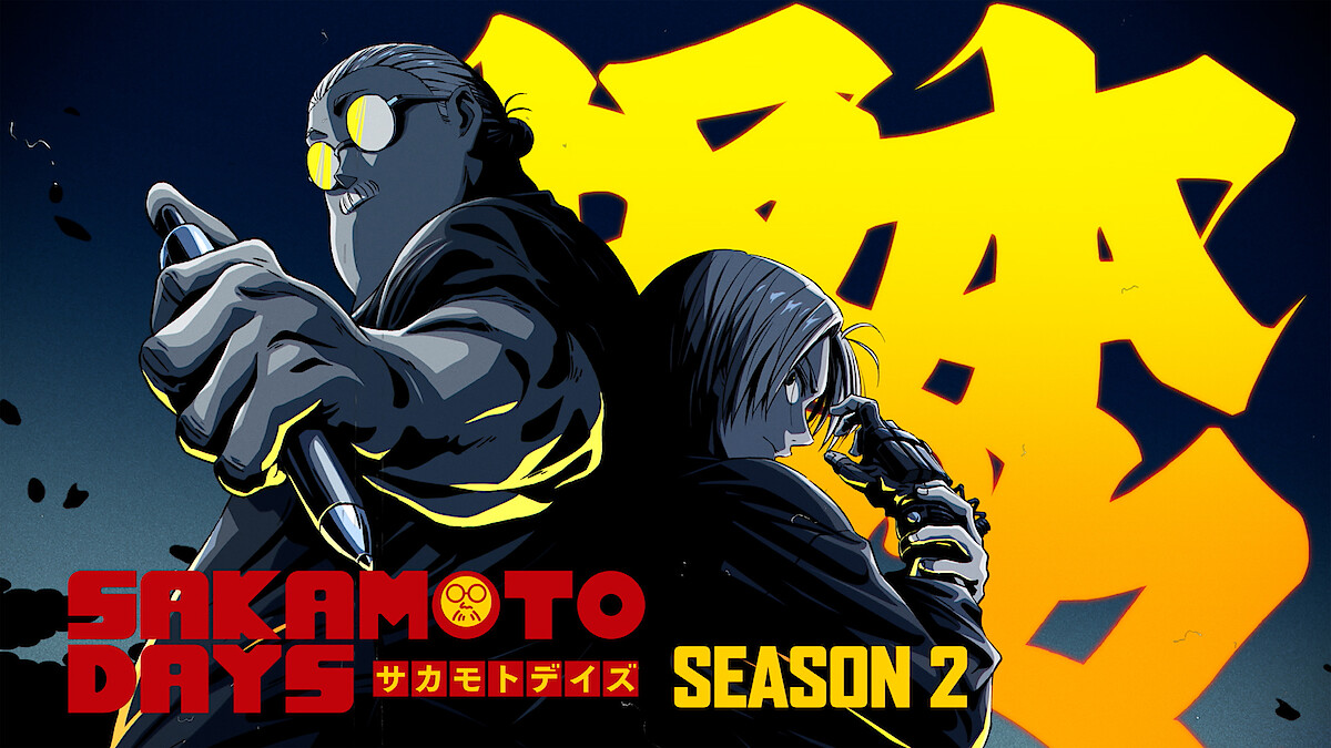 Dois personagens de anime em pé, segurando armas de costas um para o outro, diante de uma inscrição amarela em estilo grafite. Há um texto escrito com letras em vermelho e amarelo vibrantes à frente.