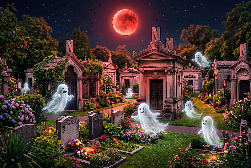 Em uma ilustração realista, uma lua vermelha ilumina um cemitério cheio de criptas e fantasmas brancos