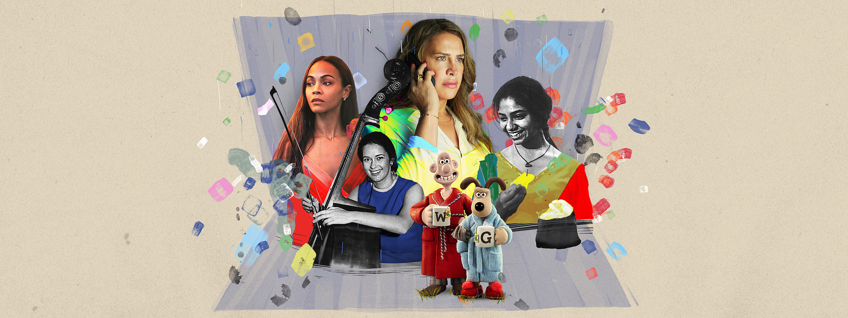 A collage of Netflix's 2025 Oscar Nominated talent including Karla Sofía Gascón and Zoe Saldaña from Emilia Pérez, as well as imagery from The Only Girl in the Orchestra, Wallace & Gromit, and Anuja.