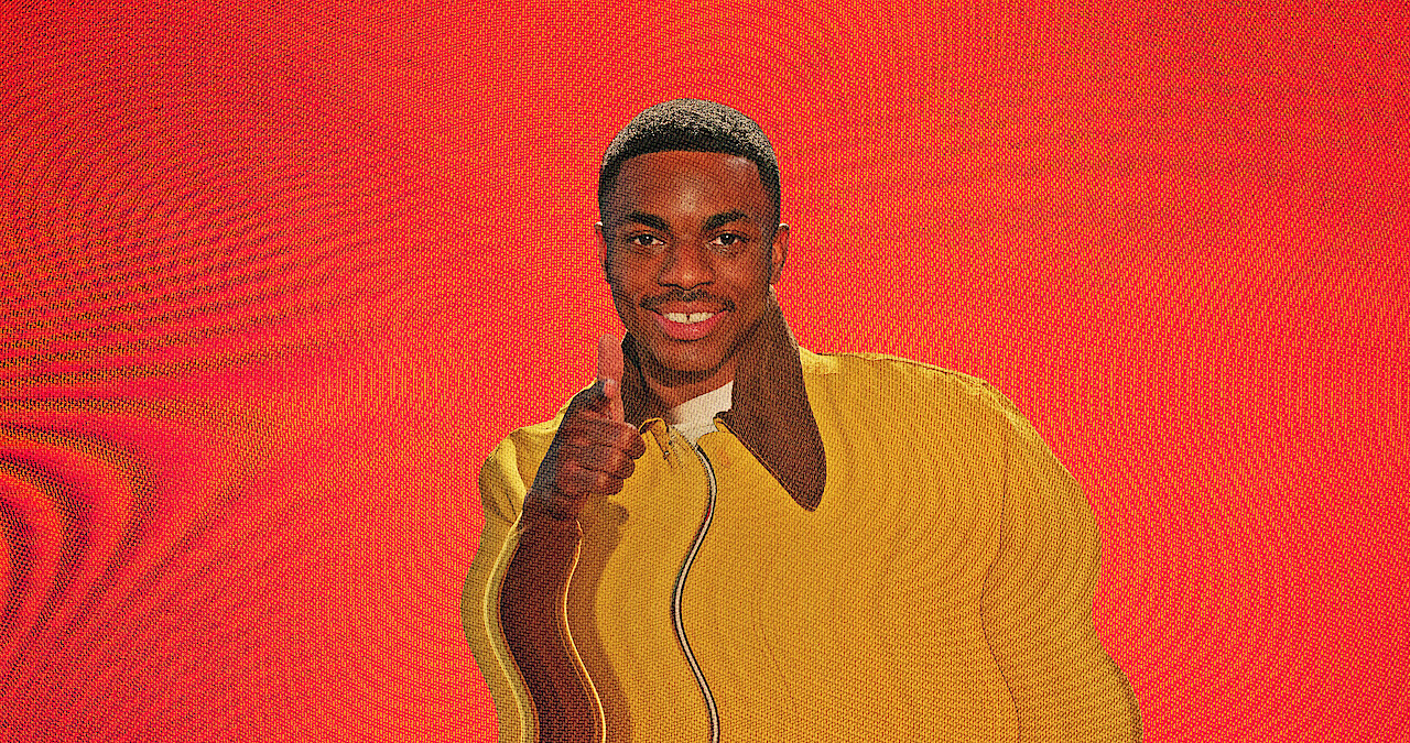 Vince Staples smiles with a screen distortion over the image