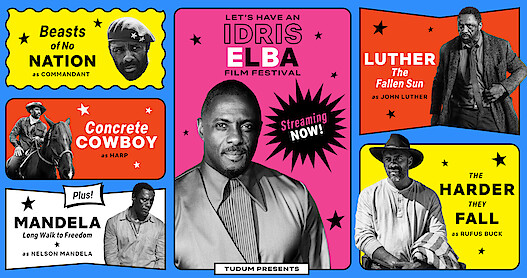 Image collage of Idris Elba movies including Beasts of No Nation, Concrete Cowboy, Luther: The Fallen Sun, The Harder They Fall and Mandela: Long Walk to Freedom.