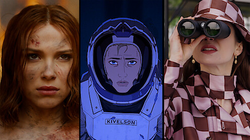 Triptych of images from Damsel, Love Death + Robots, and Emily in Paris.